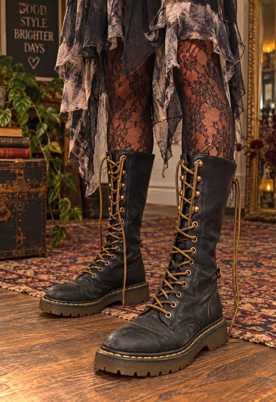 Dr Martens Triumph 1914 Boots Womens 9 Black Floral Fold Over Leather Rare